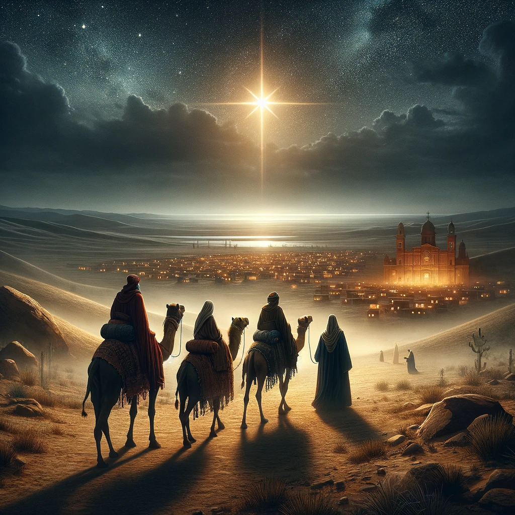 DALL·E 2023-12-18 11.12.04 – A biblical scene depicting Matthew 2 from the New Testament. The image portrays the journey of the three wise men, also known as the Magi, following t