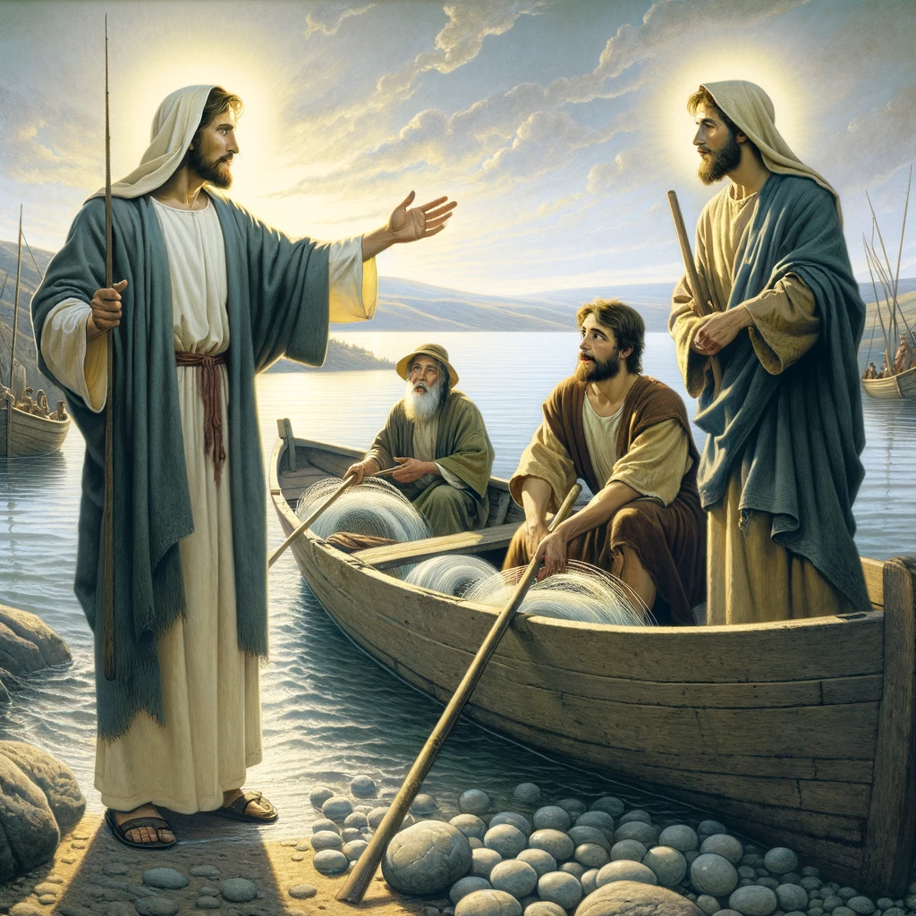 DALL·E 2023-12-23 20.18.35 – A biblical scene depicting the calling of Peter and Andrew by Jesus, with Jesus standing on the shore of the Sea of Galilee. Peter and Andrew are in a