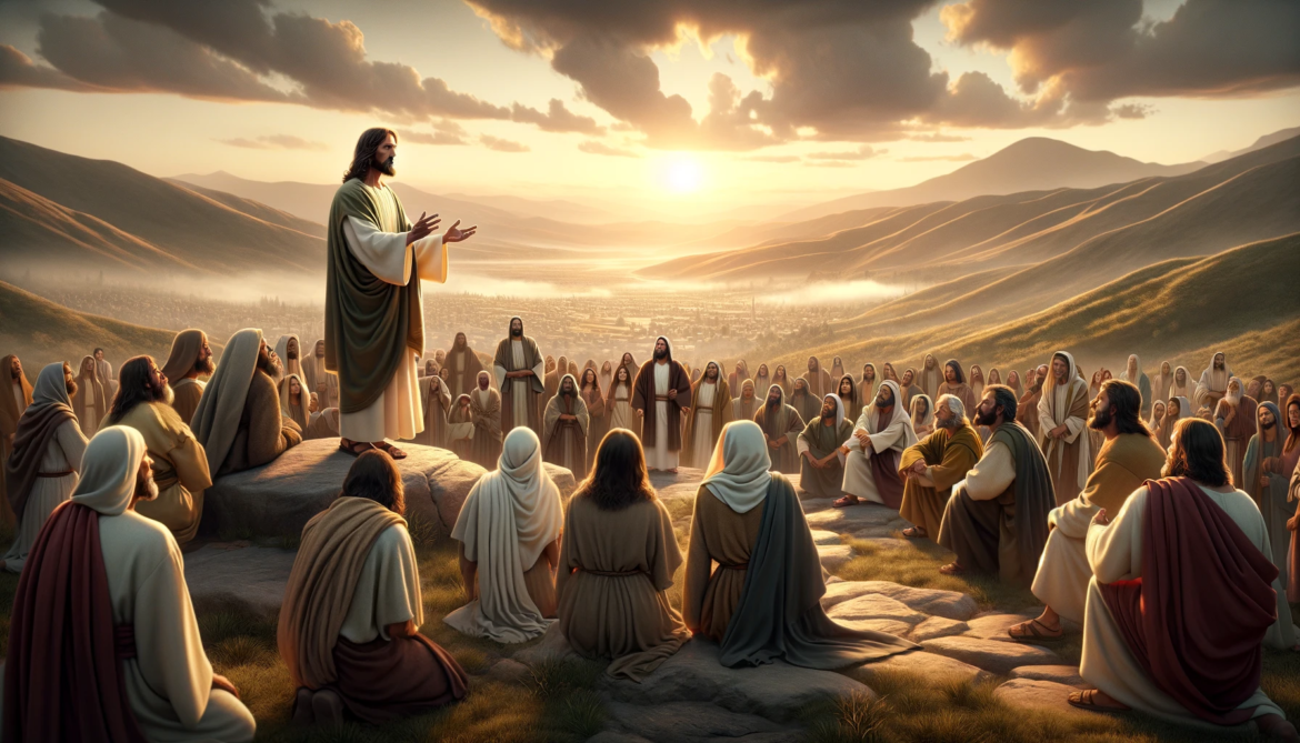 DALL·E 2024-01-13 20.18.51 – A realistic and wide image depicting the Sermon on the Mount. In the scene, Jesus stands on a hill, surrounded by a diverse group of people. He delive