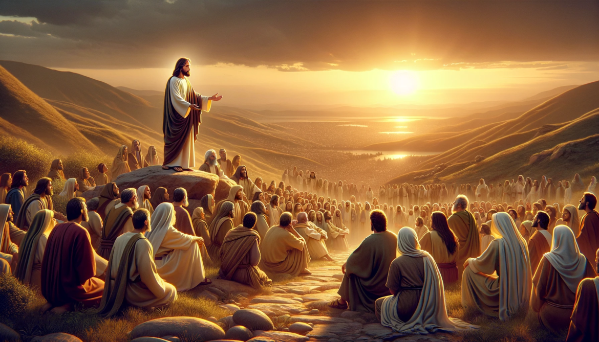 DALL·E 2024-01-13 20.20.20 – A realistic and wide image depicting the Sermon on the Mount. In this scene, Jesus stands on a hill, surrounded by a diverse group of people, deliveri